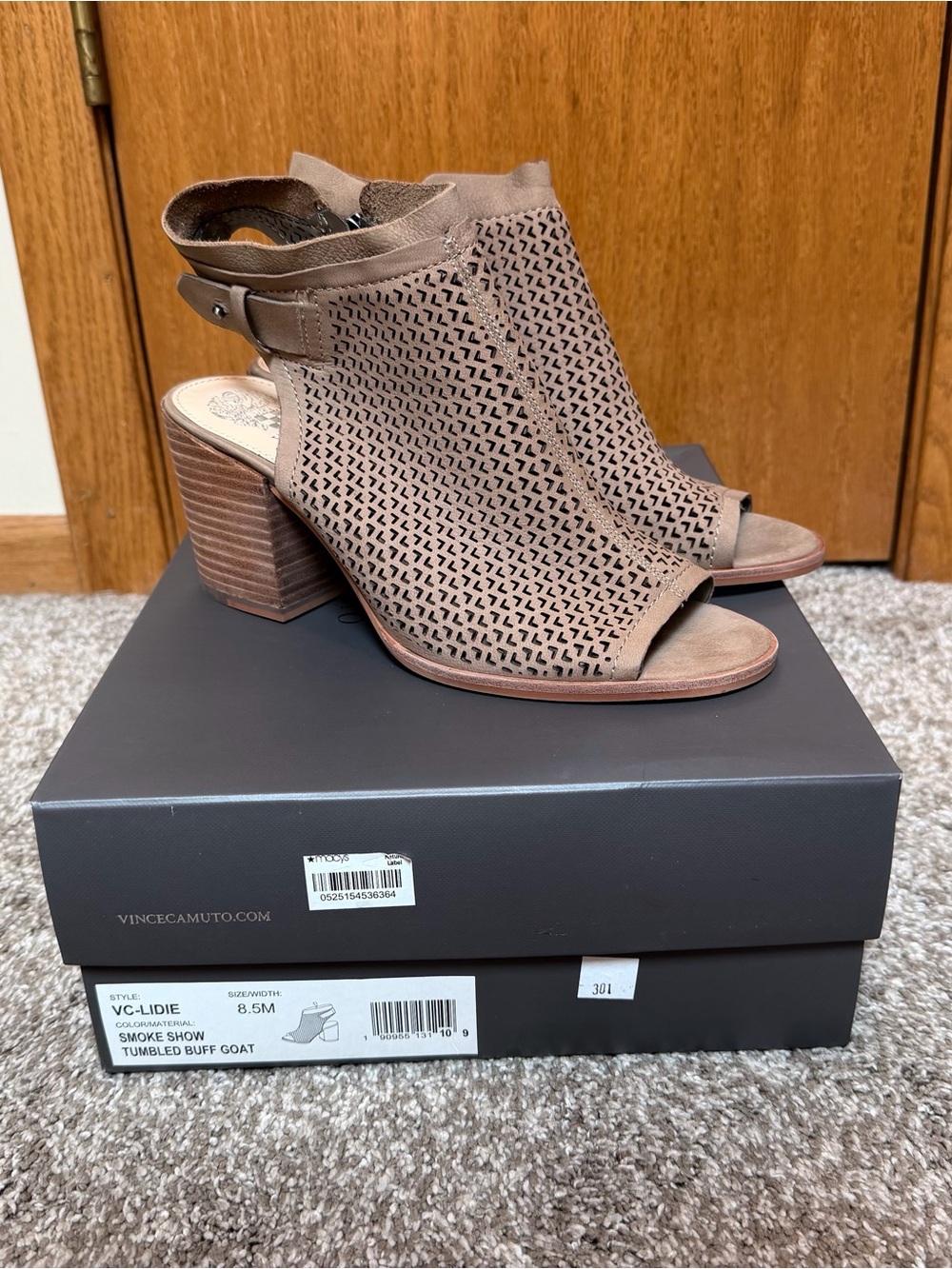 Vince Camuto Smoke Brown Perforated Peep-Toe Block Heel Sandals